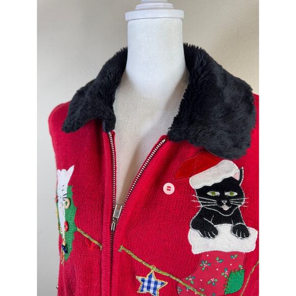 Vintage Studio Joy Red Zip-Up Vest Embroidered Christmas Cats Faux Fur Collar XL - Picture 3 of 10